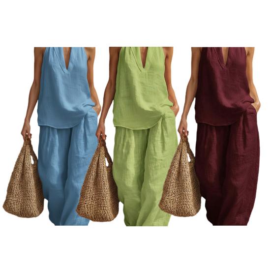 Dámský dvoudílný top s halter výstřihem bez rukávů, outfit s vysokým pasem, kalhoty s V-výstřihem, ležérní volné kalhoty, letní domácí oblečení