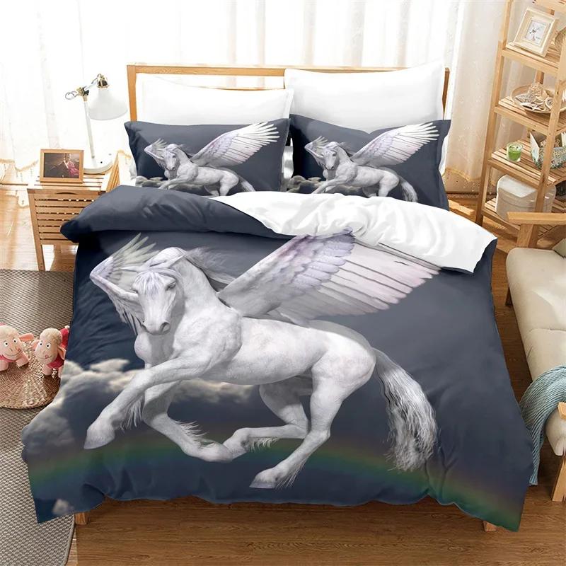 Bettdecke Weißes Einhorn Twin Size Süßes Fliegendes Pferd Bettwäsche-Set Für Teenager Kind Mädchen Mikrofaser Wildtier Bettdecke