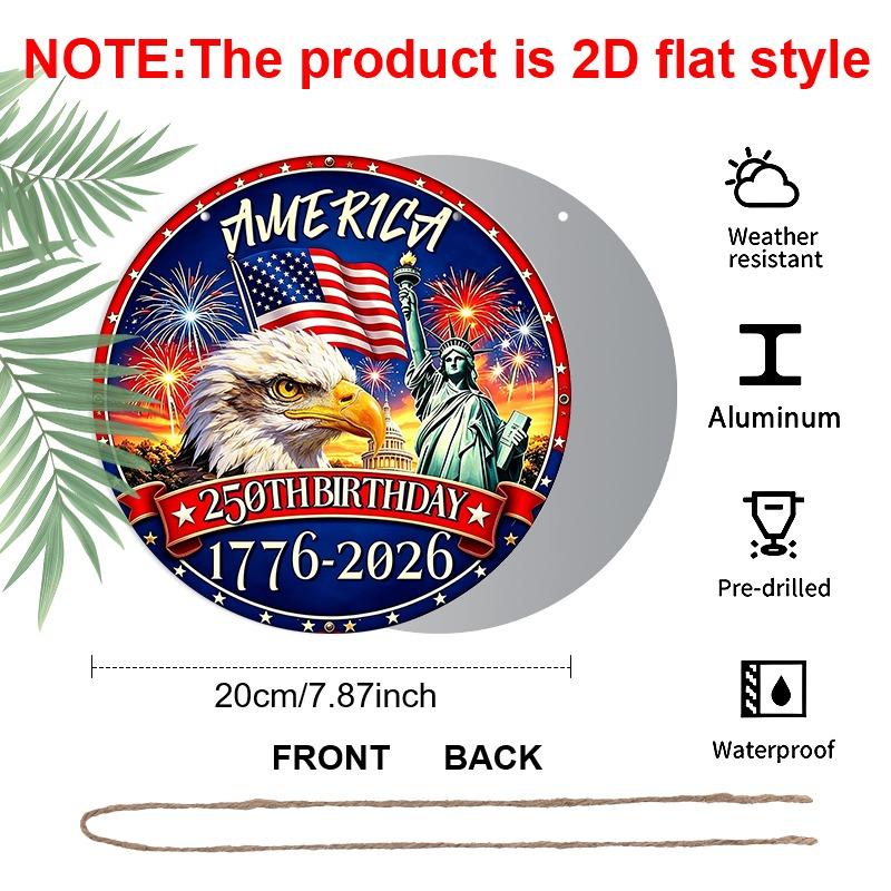 2D Flat Retro Round Aluminum Wall Decor, 250th Independence Day Eagle & Fireworks Design, Indoor Outdoor Hanging Plaque, Commemorative Home Gift