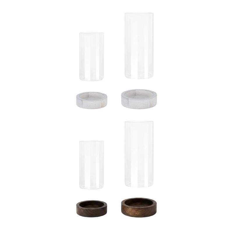 Set aus 2 klaren Glaszylinder-Vasen, winddichte Kerzenhalter mit Holzplatte für Blumenarrangements, Partytische und Wohnzimmerdekorationen