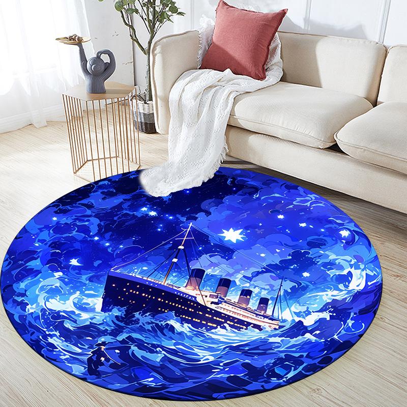 Круглый ковер с изображением морского корабля и кита, Ковер для гостиной, спальни, дивана, игровой комнаты, Нескользящий коврик для пола 80cmx80cm