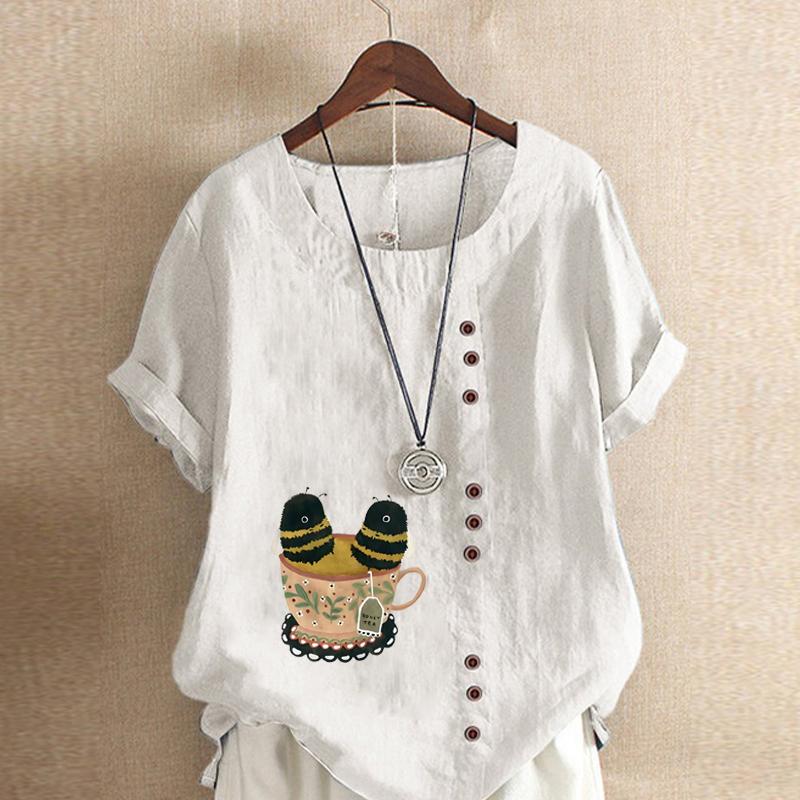 Women's Fashion Cute Bee Print Short Sleeve T-shirt Loose Cotton Shirt Casual Loose Summer Blouse Tops Plus Size