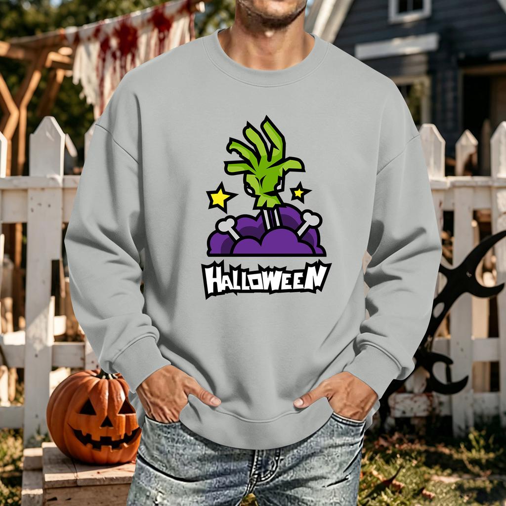 Men's Halloween Printed Long Sleeve T-Shirt Unisex Crewneck Casual Sports Top
