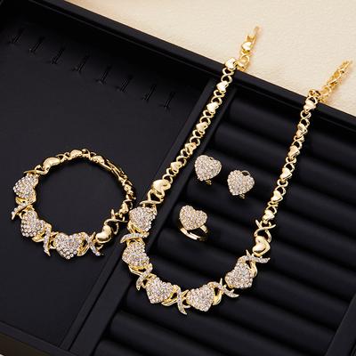4PCS Women's Luxury Fashion Heart Shape Inlaid Zirconia Sparkling Necklace Bracelet Earrings Ring Zircon Set Wedding Party Gift