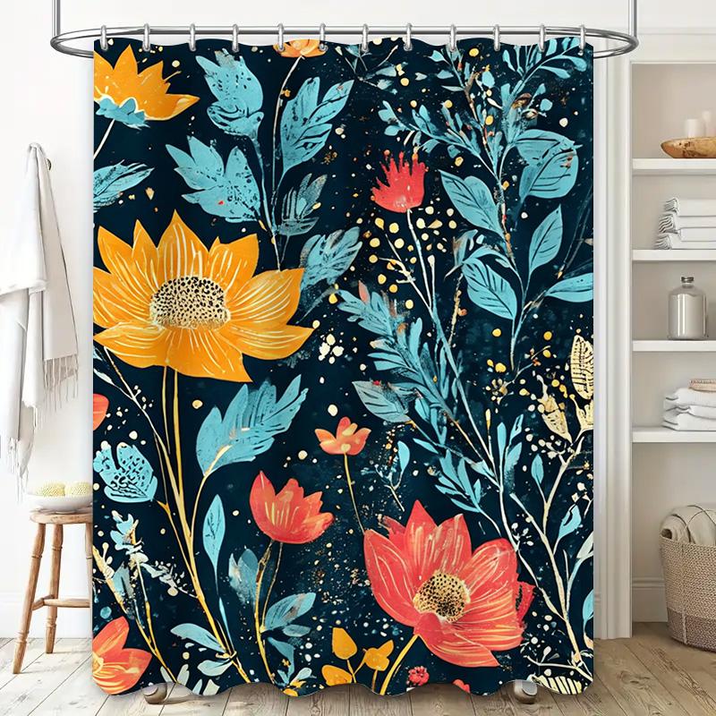 Modern Bathroom Decor: Eye-Catching Floral Shower Curtain Set in Blue, Yellow Red Perfect for Bathrooms, Bedrooms or Living Room