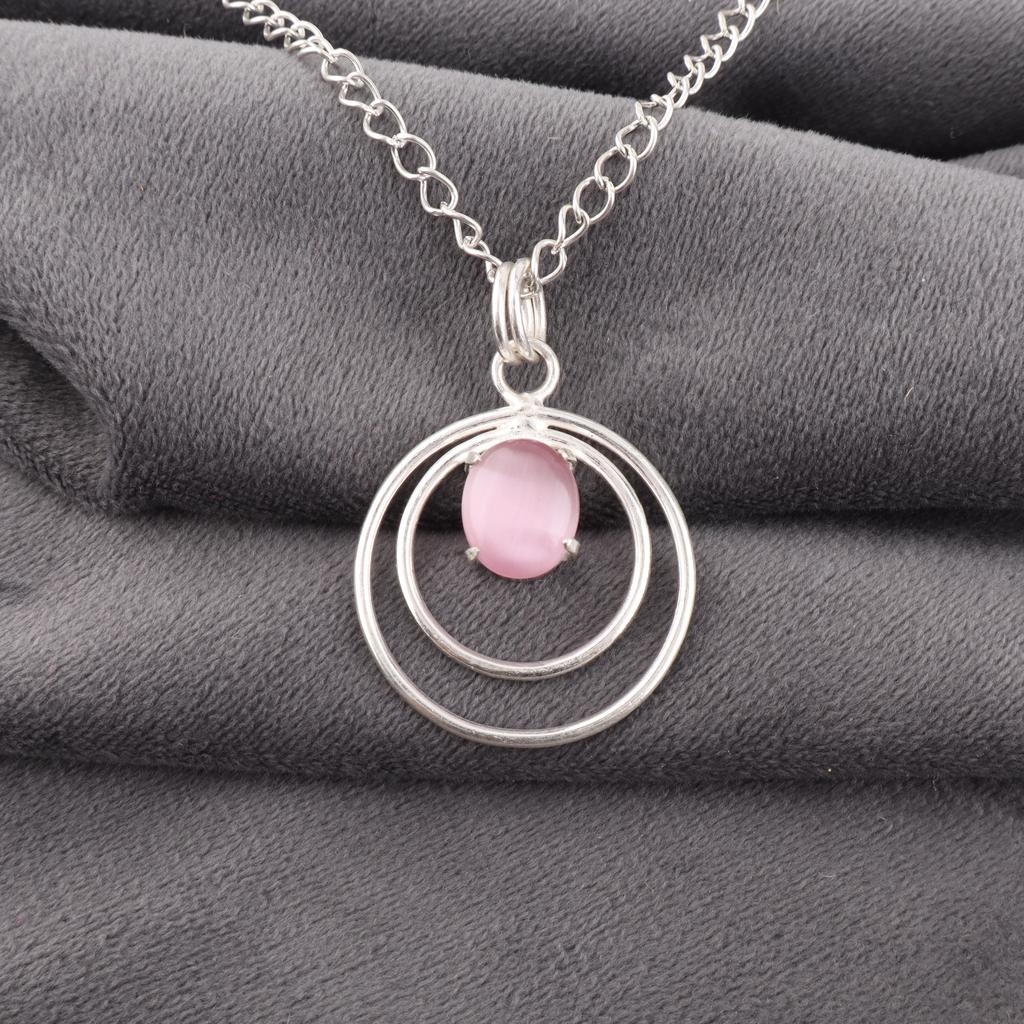 Pink Cat's Eye Pendant, 925 Sterling Silver Pendant Jewelry, Handmade Pendant Gemstone Jewelry For Memorial Day