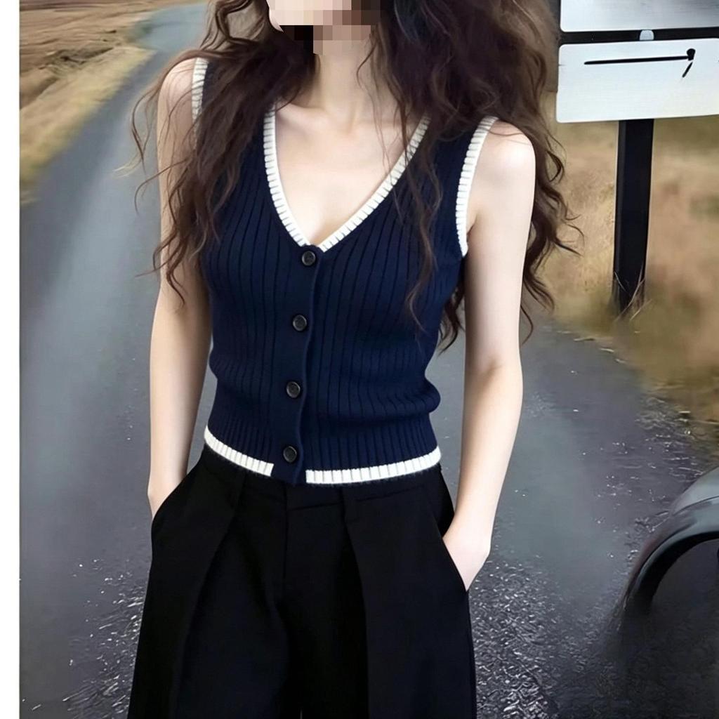 Women's Summer Sleeveless Color-Block Knit Vest: French Style Slim Fit with Ice Silk Base Layer