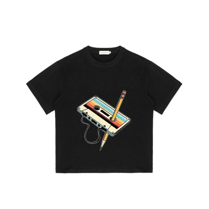 Black T Shirt with Cassette Tape and Pencil Graphic Design for Casual Wear