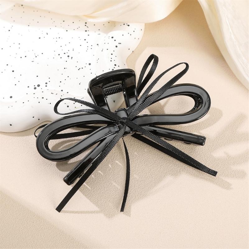 Lightweight Ergonomic Hair Claw Clip With Ribbon Bows Practical Acrylic Hairpin Hair Ornament For Office School Styling