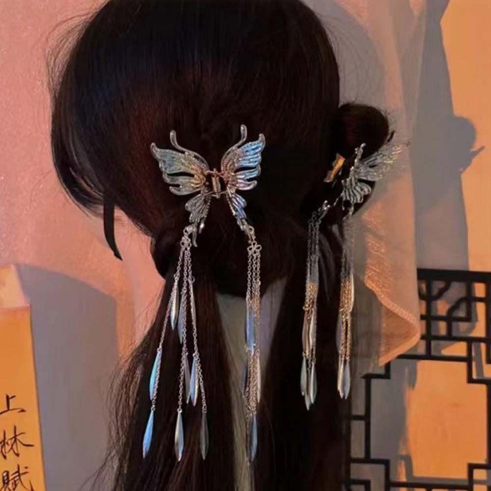 Ethnic Style Butterfly Tassel Hair Claw Silver Color Chinese Butterfly Hairpins  Party