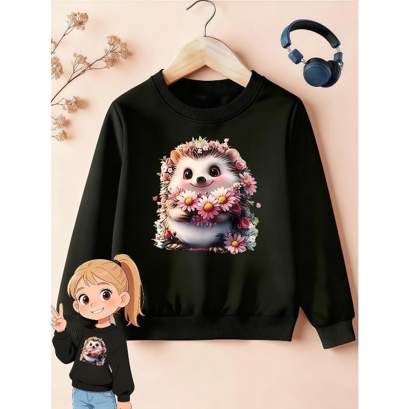 Kids Sweatshirt, Round Neck Sweatshirt, Cute Hedgehog Floral Pattern Design, Pink-White Gradient Flower Surround, Soft And Sweet Daily Outfit