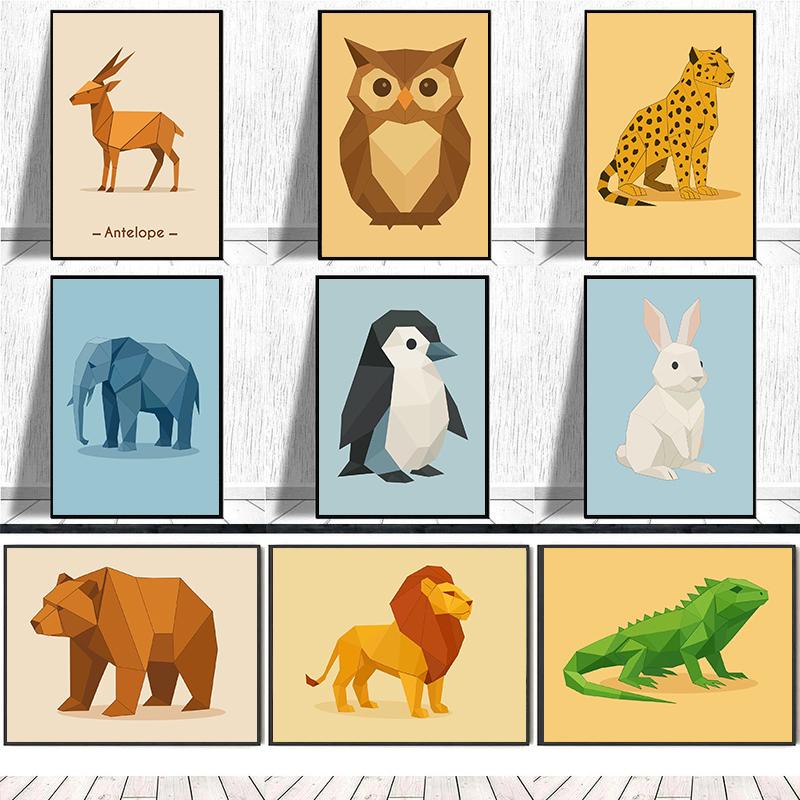 Abstract Geometric Stereoscopic Cute Animal Posters Jaguar Penguin Bear Prints Canvas Painting Wall Art Picture Home Room Decor