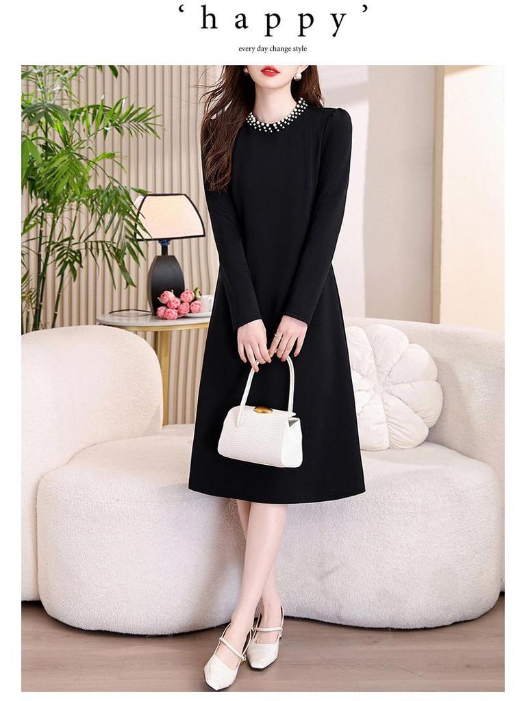 Hepburn Style Women's Elegant Black Midi Dress - Versatile Long Sleeve for Spring/Autumn 2026