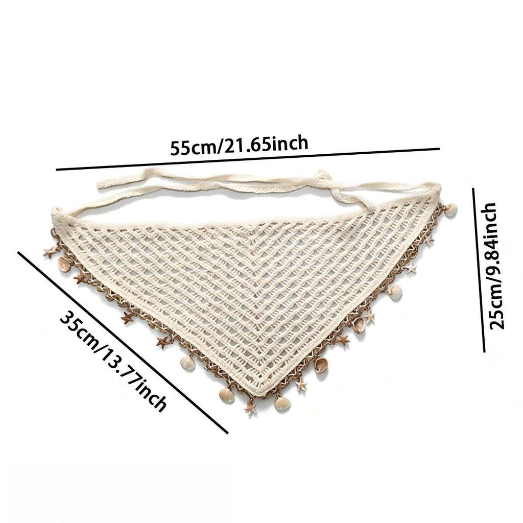 Handgehäkeltes Hohl-Dreieck-Bandana mit Muschelquasten, Boho-Stil, Kopftuch für Damen, Strandurlaub, Sonnenschutz-Dekoration