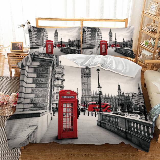 Novelty Gift Paris Tower Red Car Print Polyester Bedding Set Romantic London City Quilt Duvet Cover+Pillowcase 2/3pcs