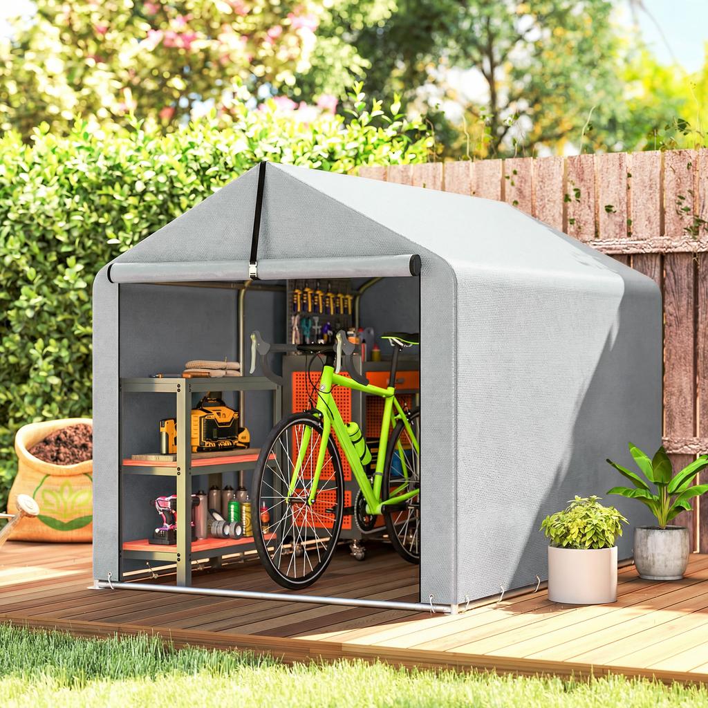 Tenda Deposito Impermeabile per Giardino, Riparo per Moto con Porta Arrotolabile, per Bici Moto 162 x 221.5 x 163 cm, Grigio Chiaro