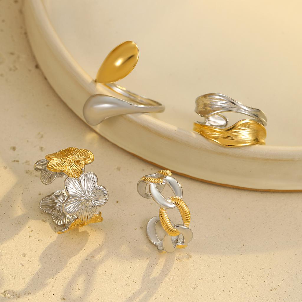 GEMCHIC Women's Vintage Two-Tone Stainless Steel Ring Set, Geometric Flower & Chain Link Statement Knuckle Rings, Non-Fading Fashion Jewelry Gift