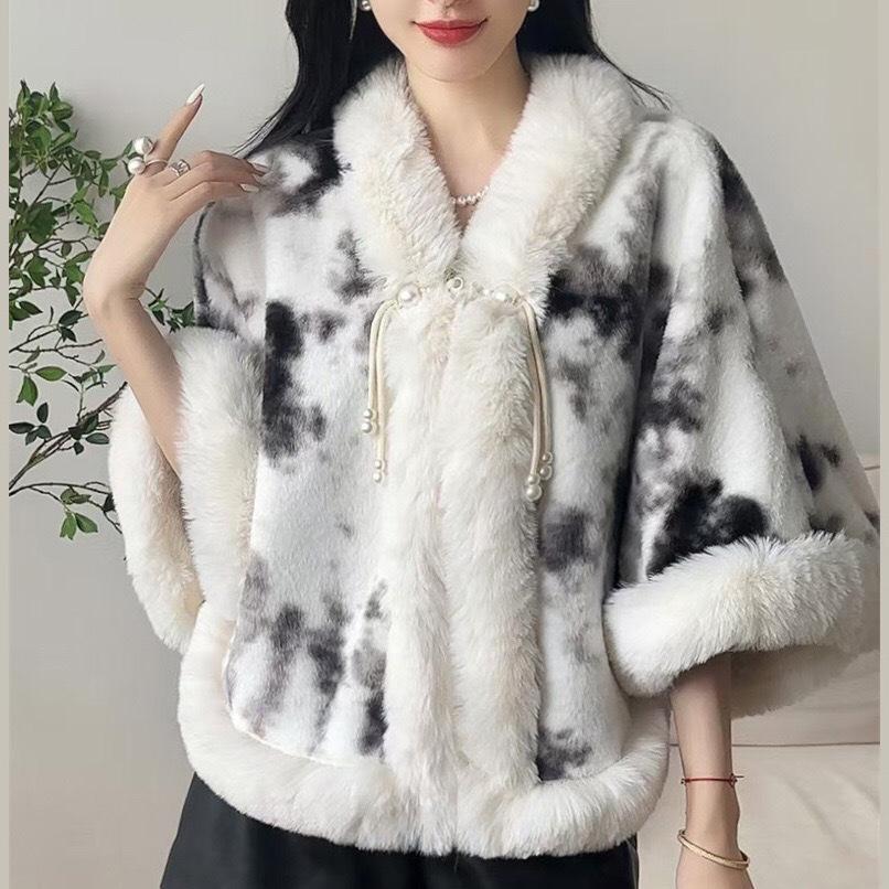 931# Women's Versatile Cheongsam Cloak: Fleece-Lined, Faux Otter Fur Collar Shawl, Thickened for Warmth