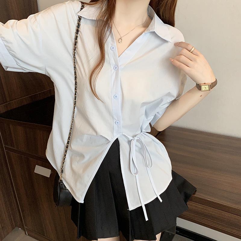 2026 Summer Plus Size Women s Sweet Chic Irregular Minimalist Loose Slimming Short Sleeve Shirt 4XL синий