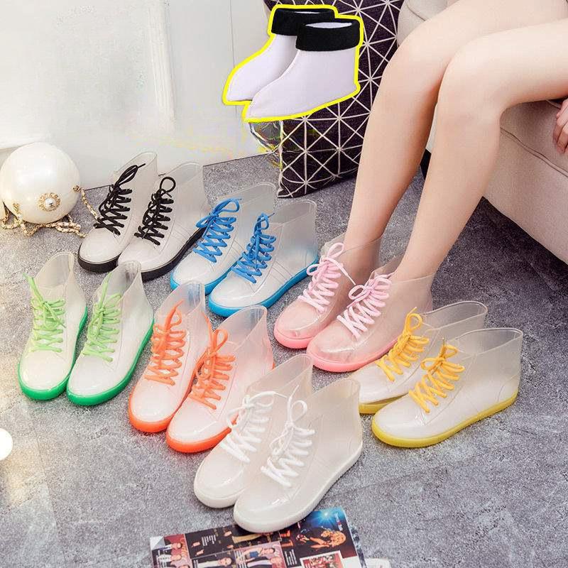 Jelly Transparent Non-slip Fashion Waterproof Shoes Rain Shoes Rain Boots Rubber Shoes Overshoes Velvet Cotton Water Boots Women's Short Tube Adult