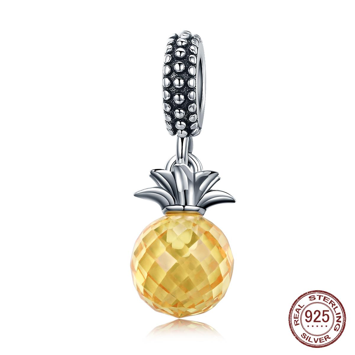 

925 Стерлинг Серебряный Летний желтый кристалл ананас подвеска бисера подходят Шарм Браслет DIY ювелирный подарок