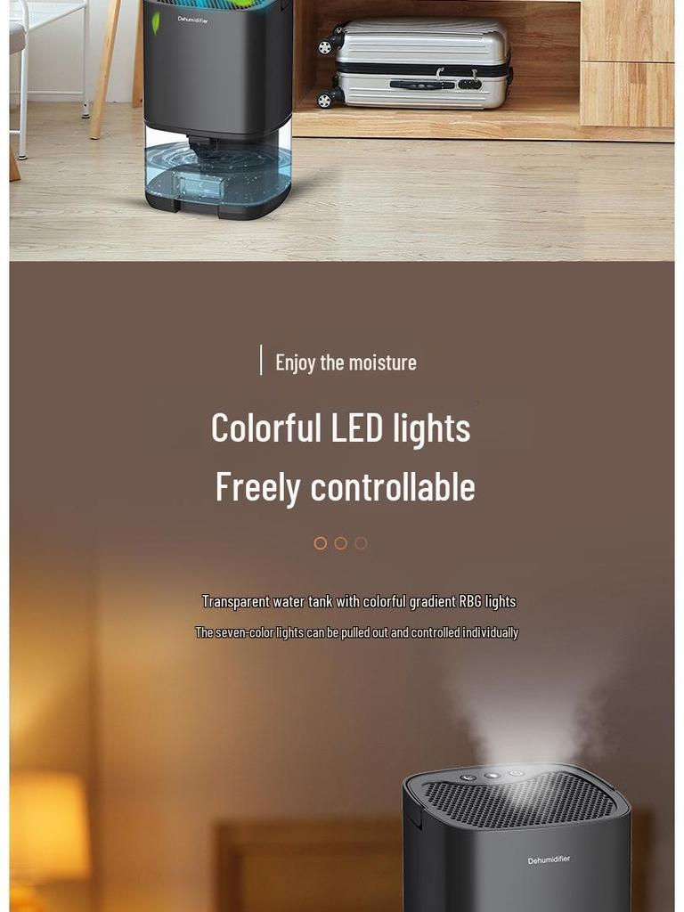 Compact Silent Bedroom Dehumidifier with 350ml Capacity and Colorful LED Display