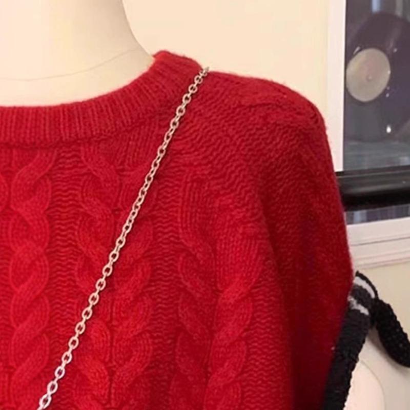 Weihnachtsleben Neujahr Rot Hochwertiger Zopfstrickpullover Damen Herbst und Winter Locker Weich Wachsig Faul Gestrickter Pullover Top