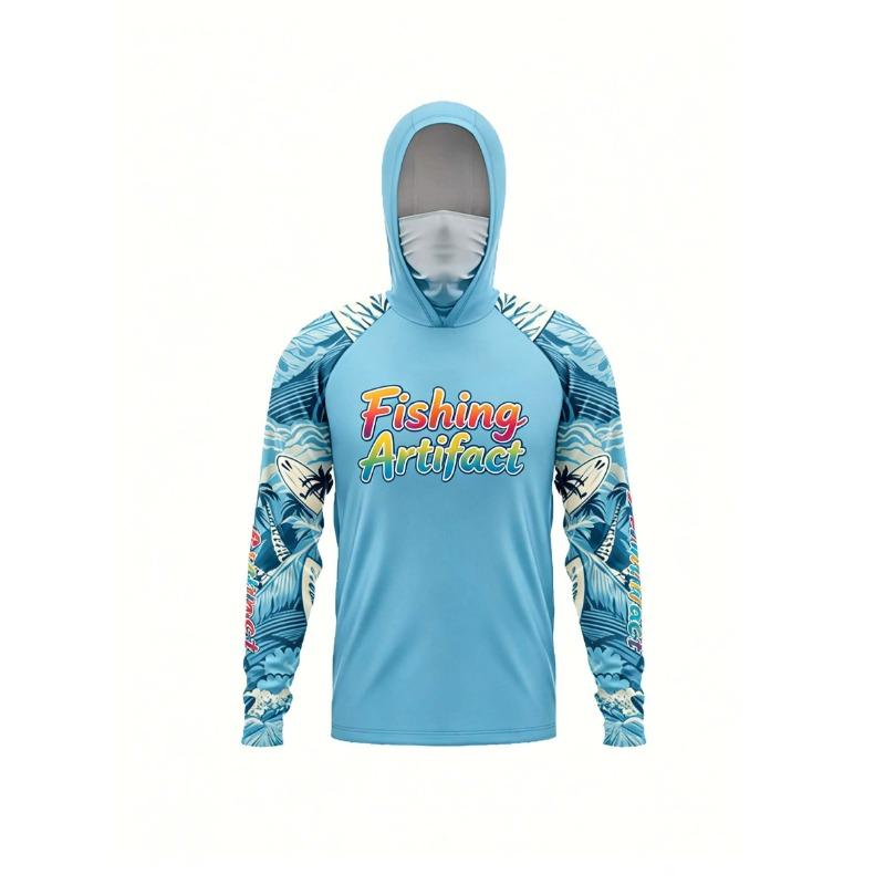 Men‘s Long Sleeve Hooded Fishing Shirt with Face Mask, Letter Print On Front, Breathable Quick Dry Lightweight Outdoor Top