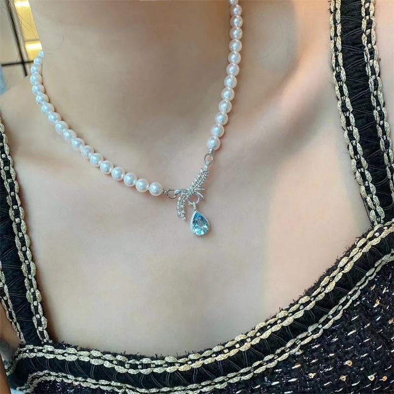 Elegant Detachable Light Sea Blue Pearl Necklace for Women in Douyin Xiaohongshu Style