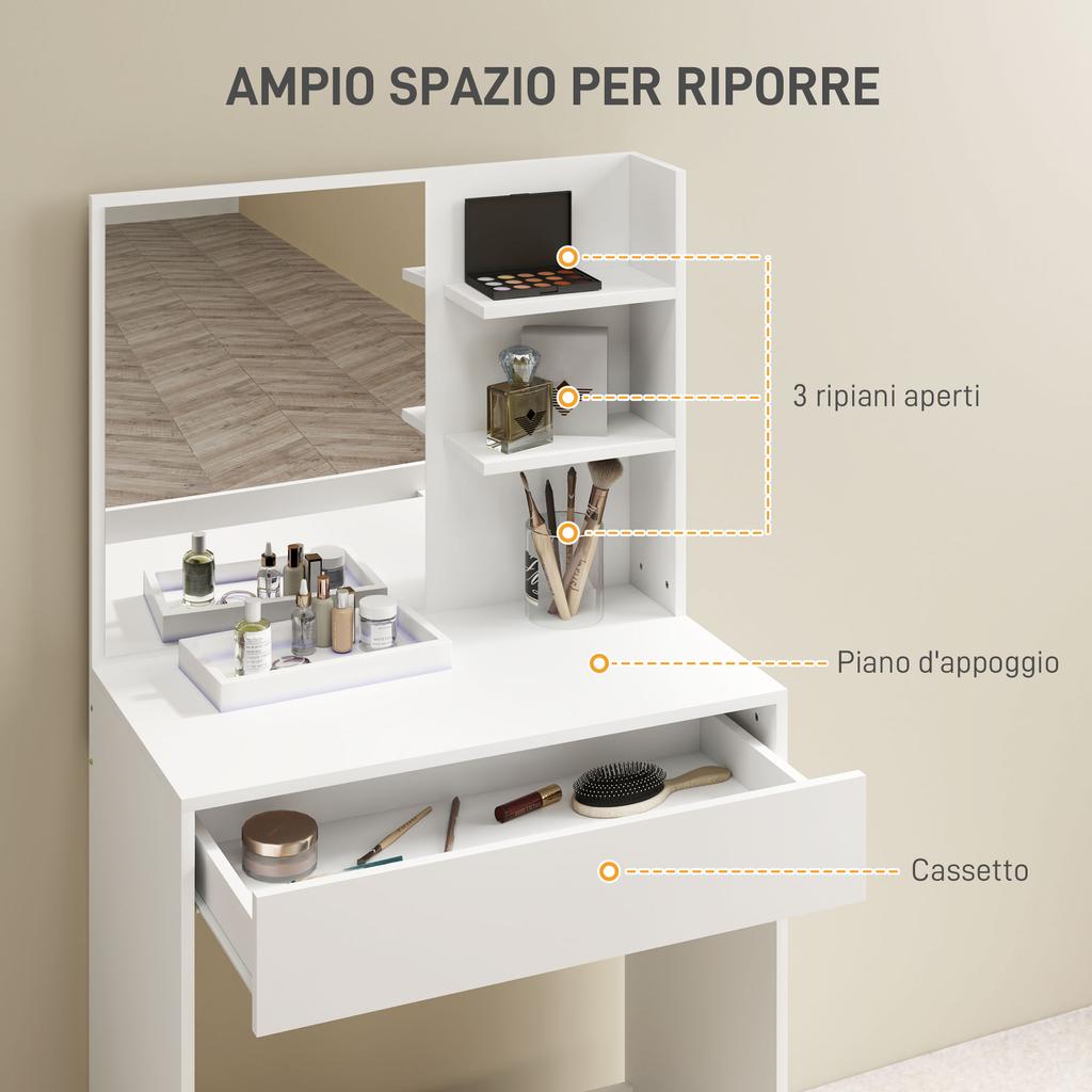 Toeletta con 3 Ripiani e Cassetti, Specchio e Sgabello, in Truciolato, 75x40x137 cm, Bianco