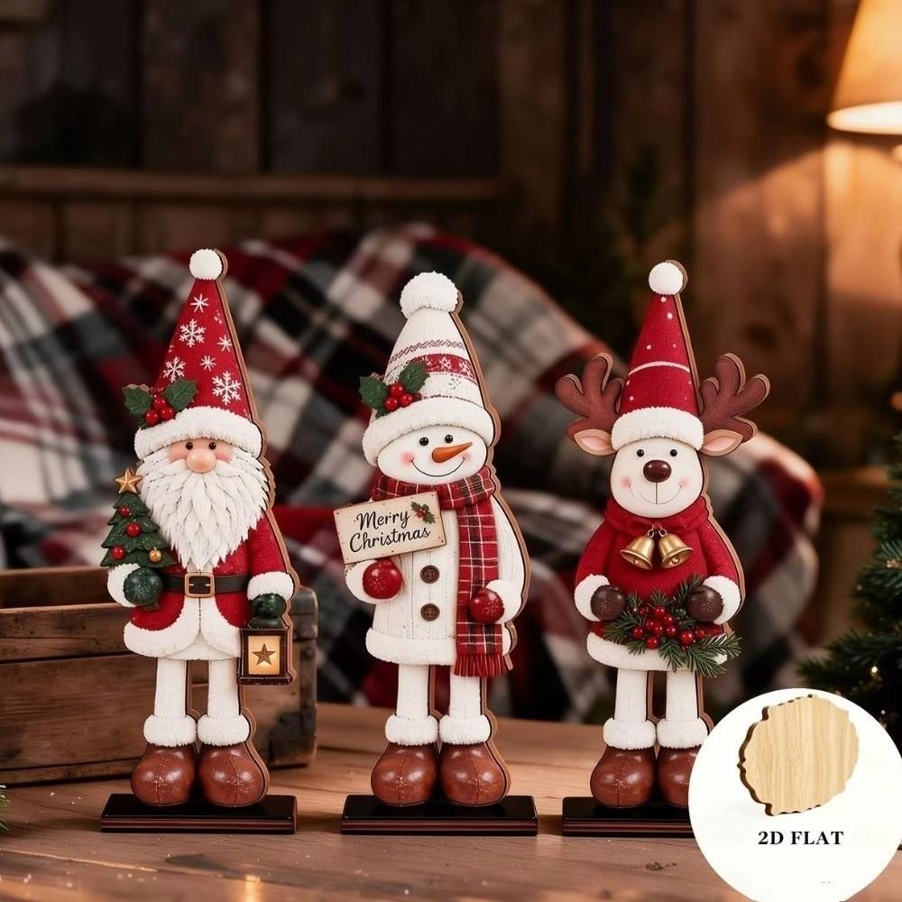 3Pcs 2D Flat Santa Snowman Reindeer Figurines Set Christmas Table Plaques Festive Atmosphere