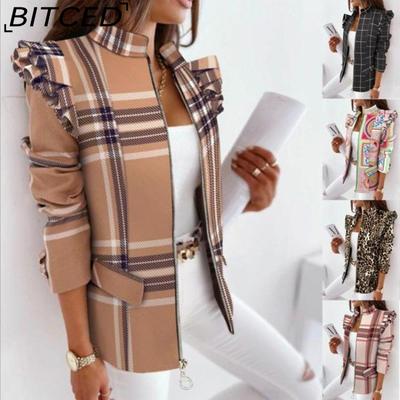 Women's Fall/Winter Ruffled Long-Sleeve Zipper Print Blazer