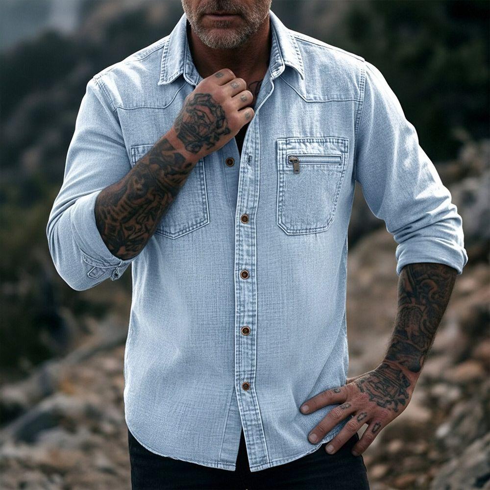 Camicia da uomo vintage in denim lavato a maniche lunghe con bottoni e tasca con zip, casual, da lavoro