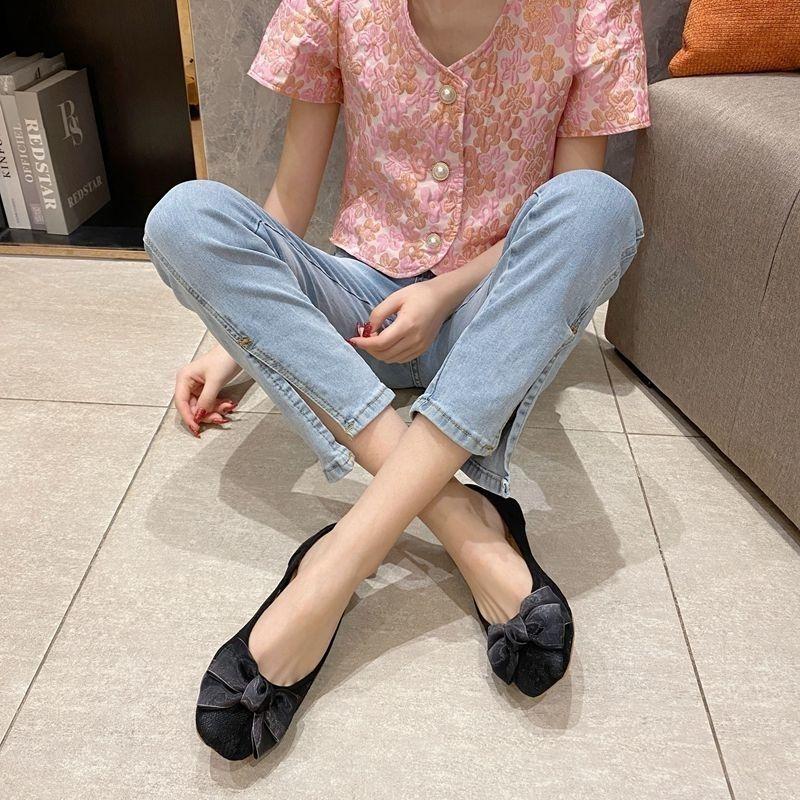 Mesh Shoes for Women Black Square Toe with Bow Woman Flats Trends 2025 Original Deals Aesthetic Light Korean Walking New In 39
