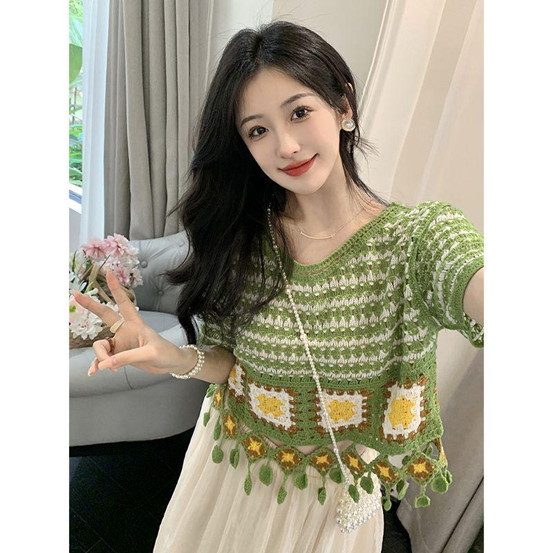 Women s Ethnic Style Color Block Knit Top - Retro Tassel Hollow Design, Short Sleeve (Summer 2026) S