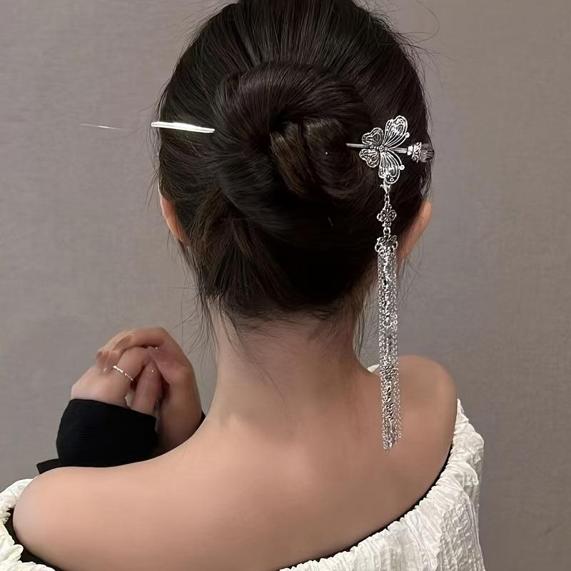 1pc Chinese Style Retro Silver Butterfly Tassel Women Hairpin Daily Dressing Performance Shooting Niche Fashion Elegant Headwear