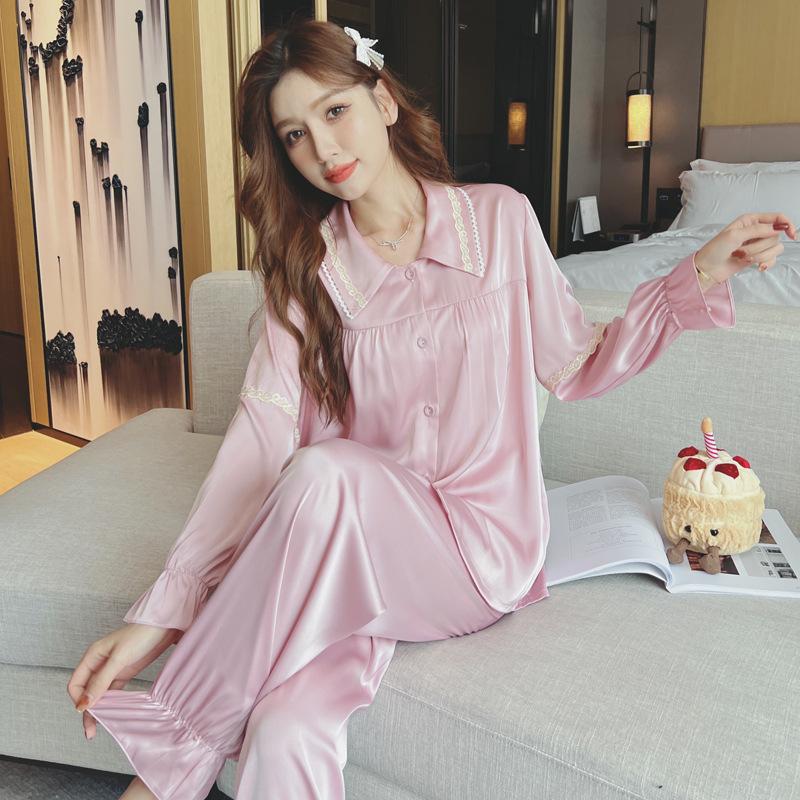 Printed Pajamas for Women Summer New Style Lace Ice Silk Palace Style Comfortable and Soft Pajamas Set Pajamas