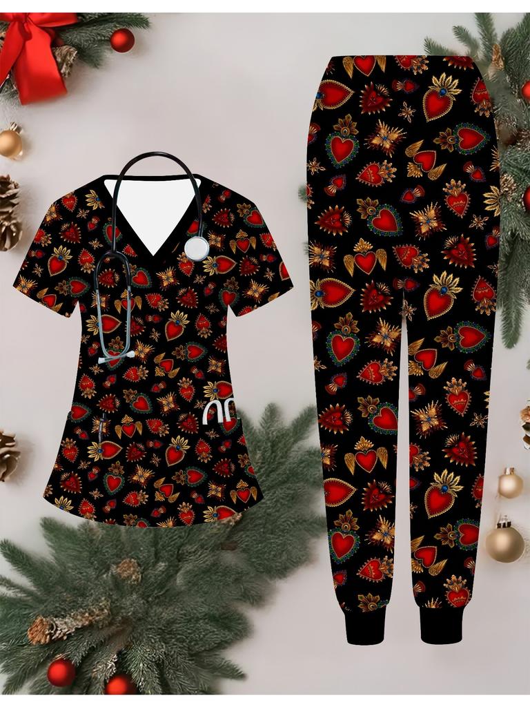 3D Flower Printed Women's Nurse Uniform Set Short Sleeve Long Pants with Pocket Casual Fashionable Christmas Gift
