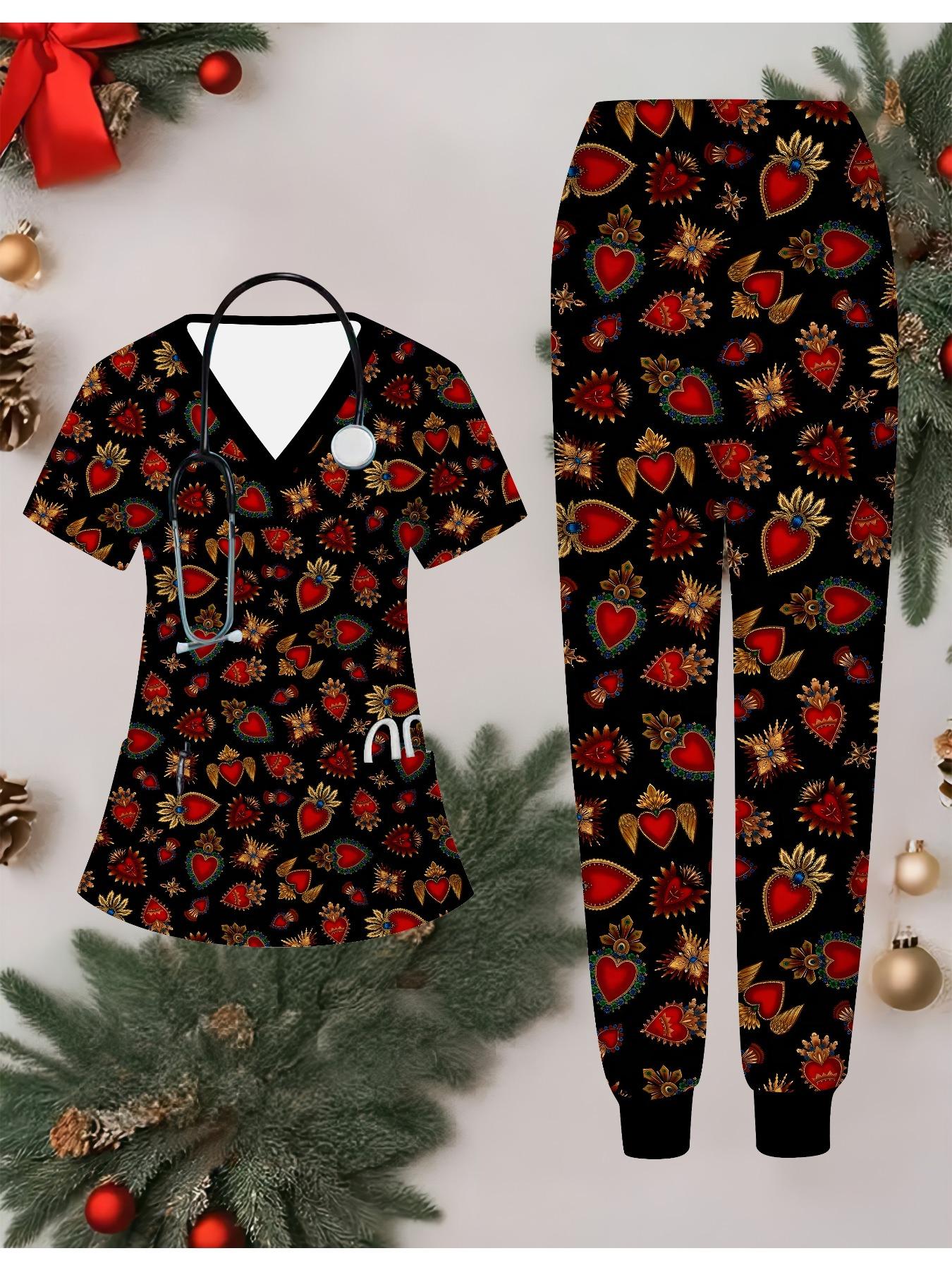 

Женский комплект медсестры с 3D-принтом цветов, короткий рукав, длинные брюки с карманом, повседневный, модный, рождественский подарок XL чёрный