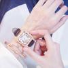 Women's Trendy Square Dial Quartz Watch with Leather Strap & Star Bangle