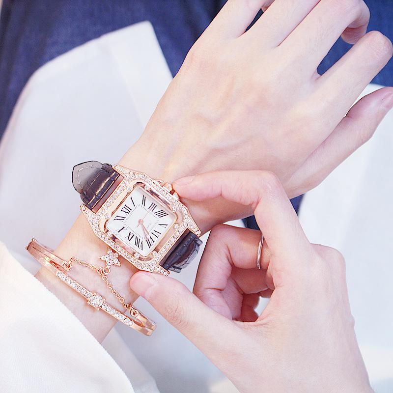 Women's Trendy Square Dial Quartz Watch with Leather Strap & Star Bangle