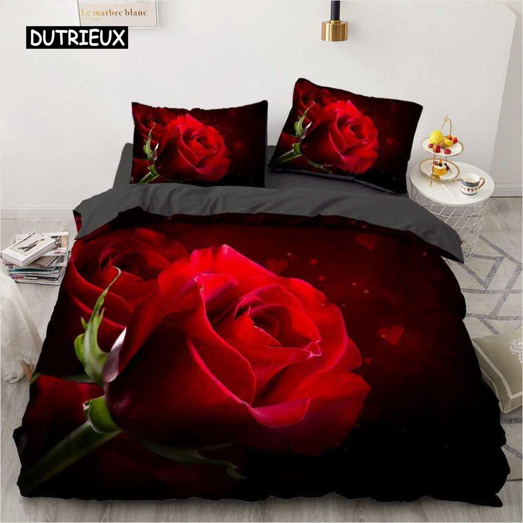 Flower Duvet Cover Set Microfiber Red Rose Bedding Set King Size Floral Print for Valentine's Day Mother's Day Soft Quilt Cover