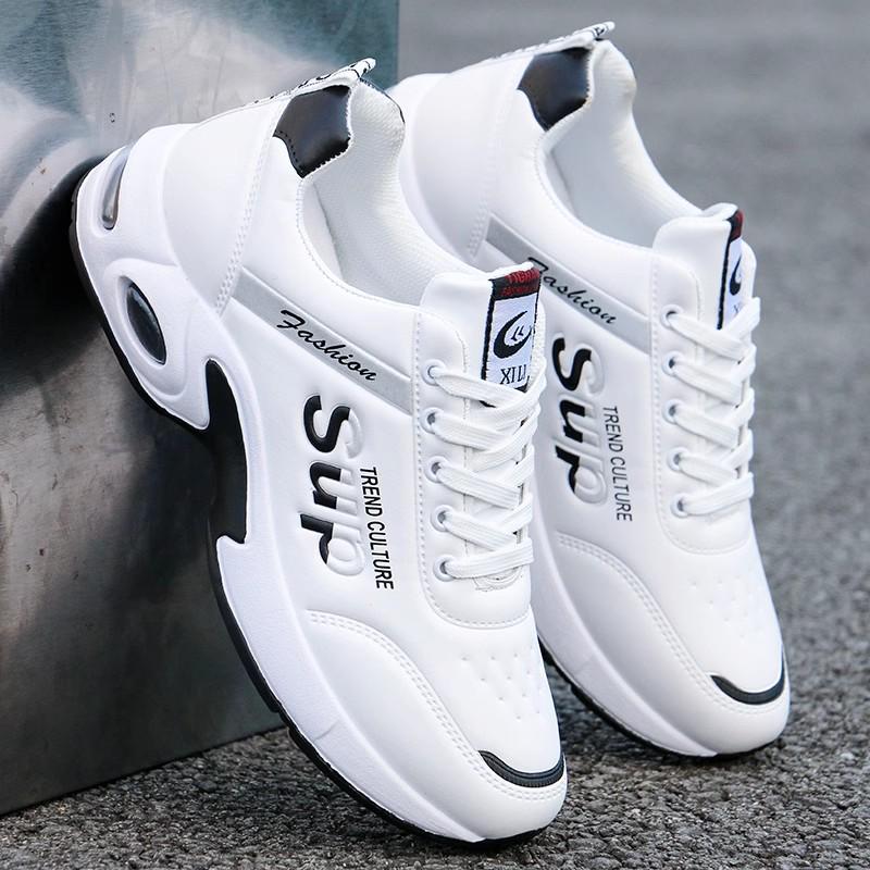 Men's Lightweight White Leather Waterproof Non-Slip Casual Work Sneakers for Autumn