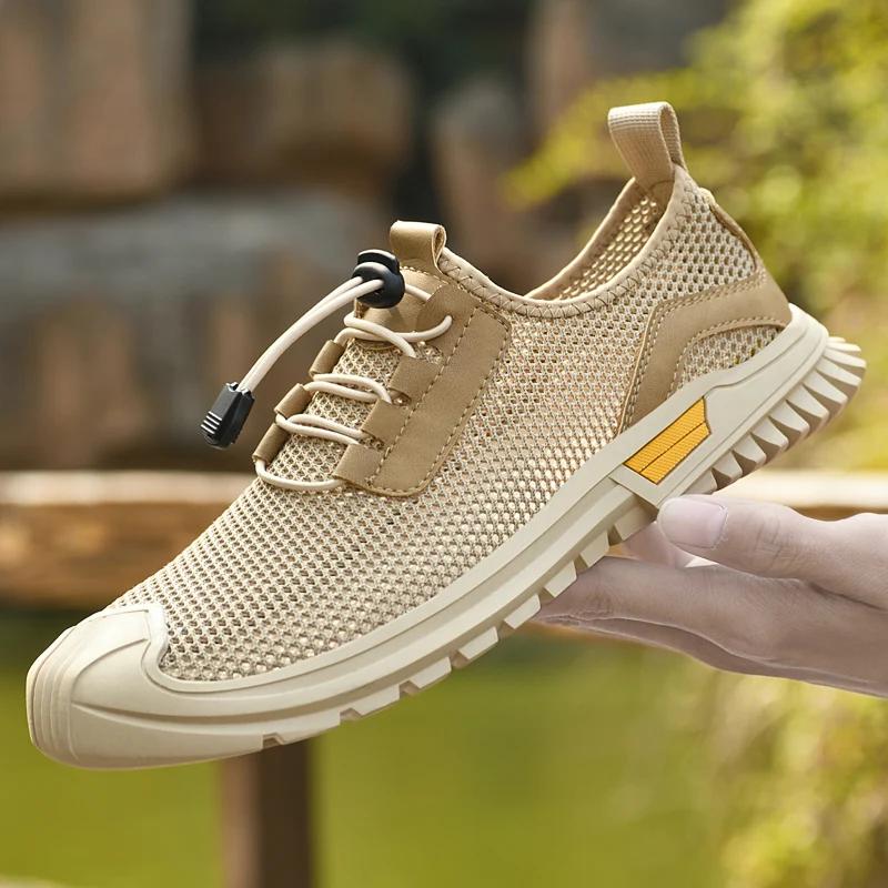 Breathable Mens Shoes Non-slip Rubber Summer Sports Mesh Shoes Outdoor Walking Sports Sneakers Lace-up Casual Trekking Footwear