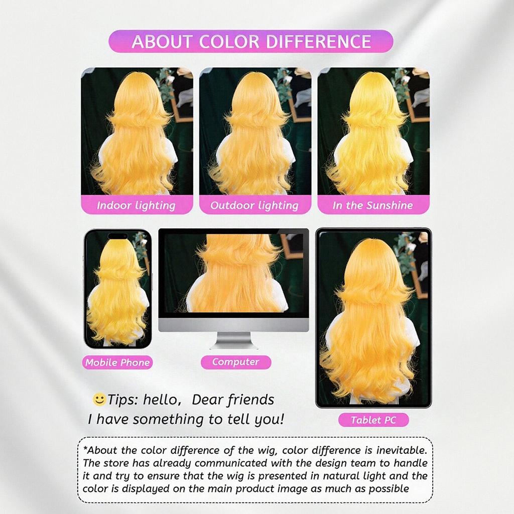 Lolita Stil Helles Gold Langes Lockiges Haar mit Pony, Simulierte Kopfhaut Natürliche Große Welle für Tägliches Cosplay synthetisch