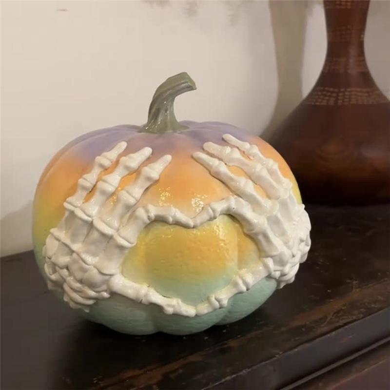 Dopamine Halloween Pink Skull Hand Pumpkin Carving Statue Gothic Style Decorative Resin Craft Desktop Accessory Decor Dapamine