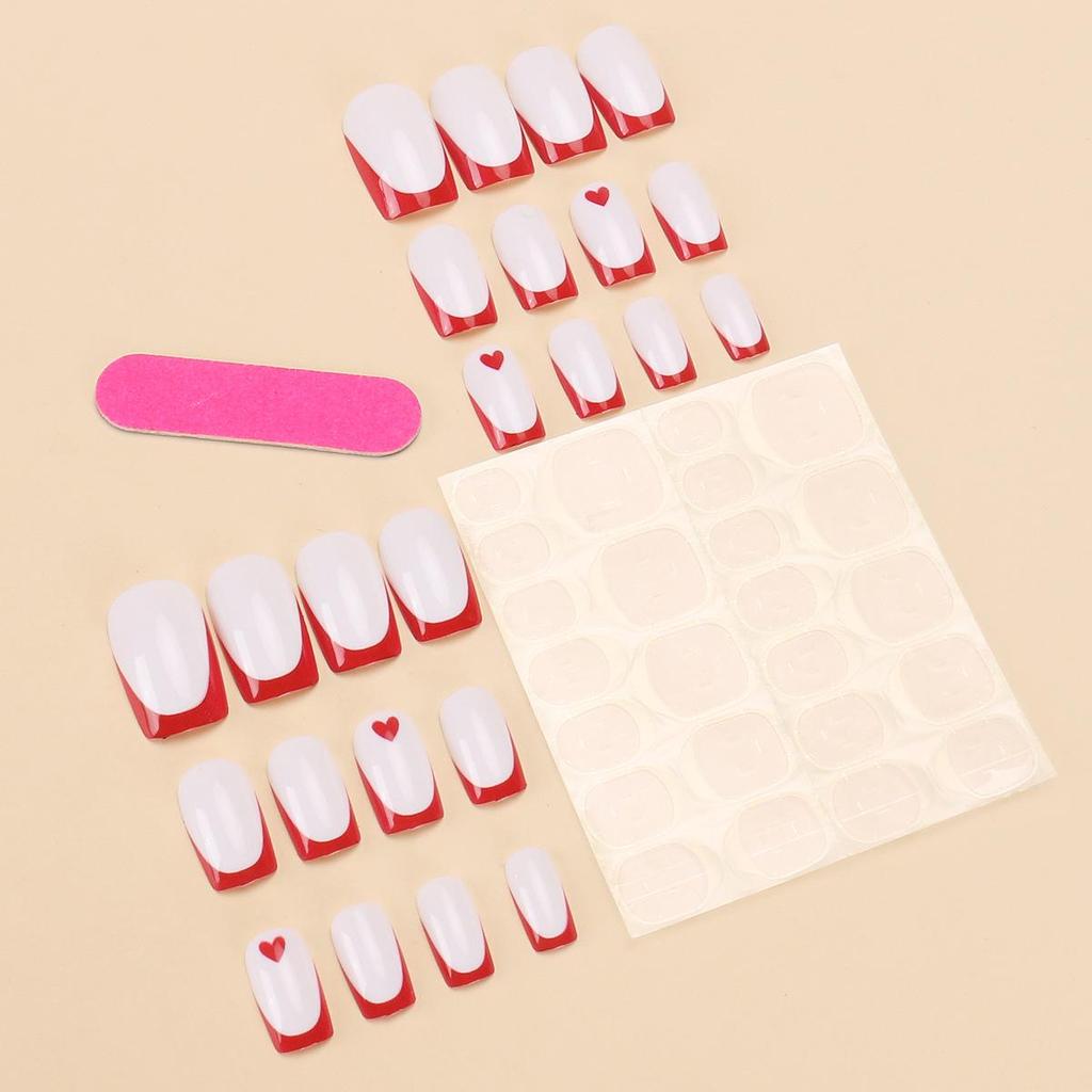 Trendy European & American Heart-Edge French Red Nail Art Set - 24 Wearable Pieces
