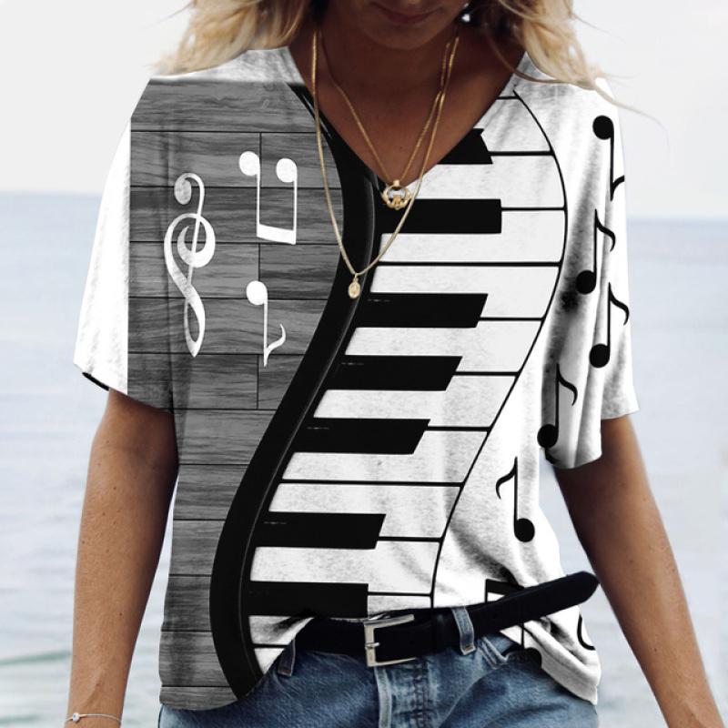 Women' T-shirt Piano 3d Print Everyday Casual Wear Oversized-shirt Funny Short Sleeve T-shirt V-neck Clothing Fitness Sweatshirt