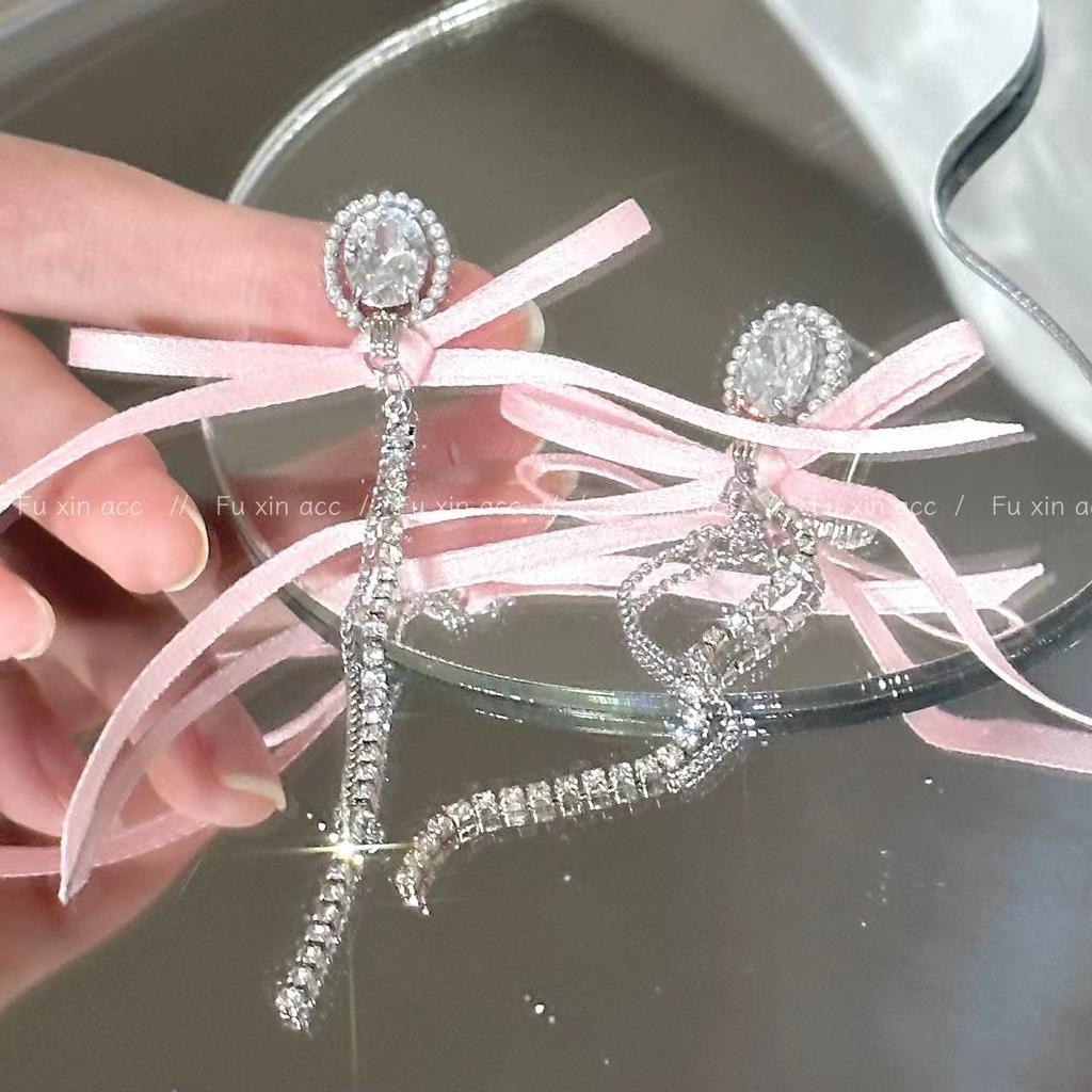 Pink Ribbon Bow Tassel Earrings for Women - Elegant and Stylish Ballet-Inspired Long Earrings for Girlfriends and Students