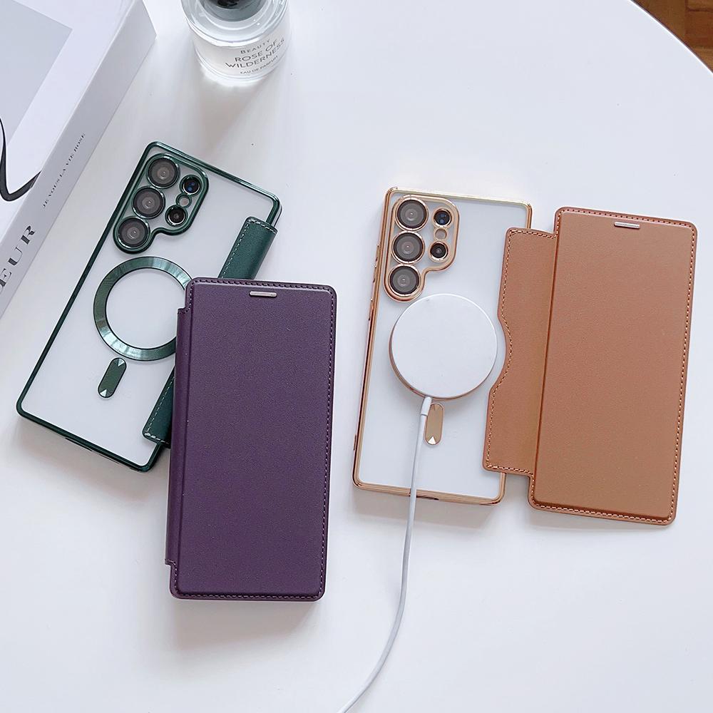 Flip Cover Plating Clear Magnetic Fold Wallte Case For Samsung S25 Ultra S24 FE S23 S22 Plus Slot Card Bag Holder Soft Cover